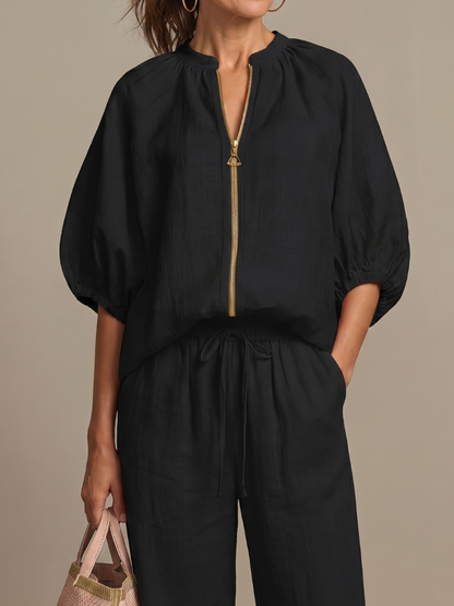 Women’s Casual Summer Co-Ord Set | Zip-Front Blouse and Wide-Leg Pants