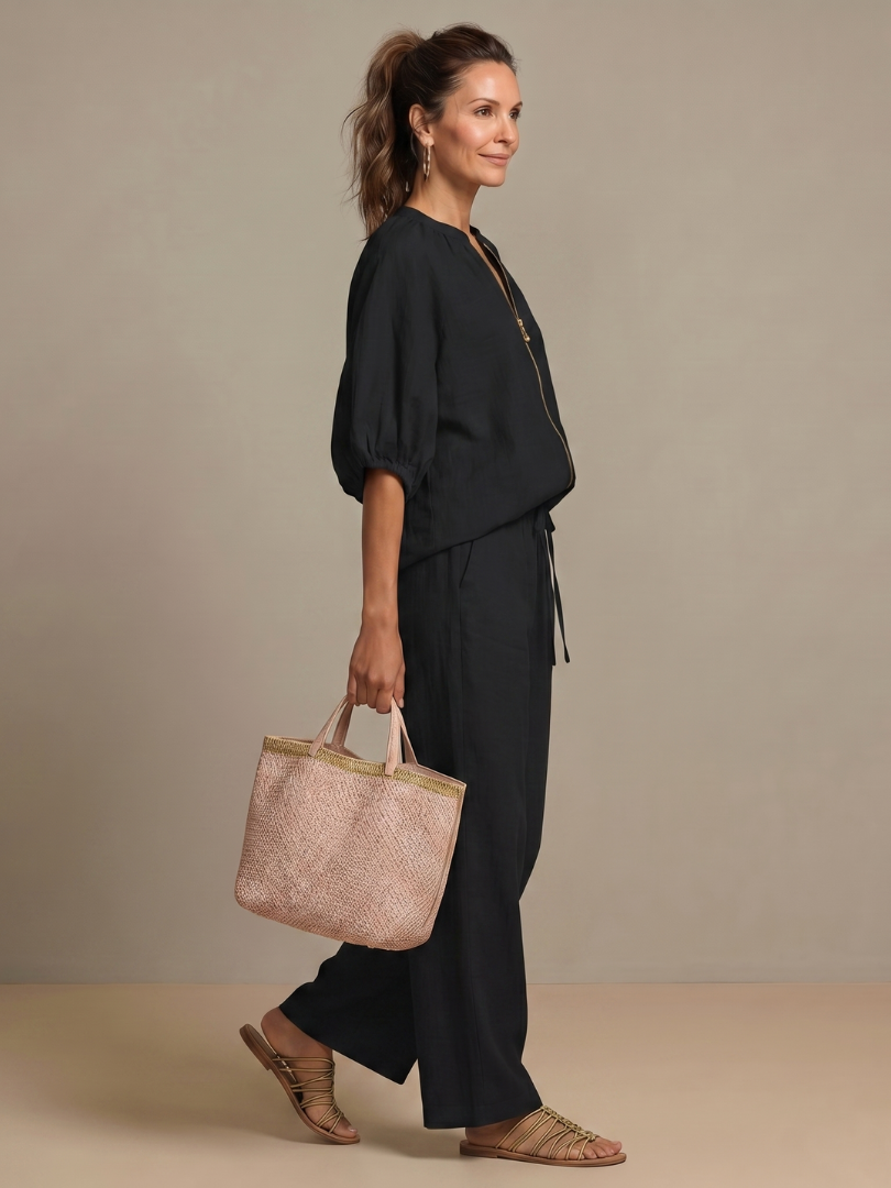 Women’s Casual Summer Co-Ord Set | Zip-Front Blouse and Wide-Leg Pants
