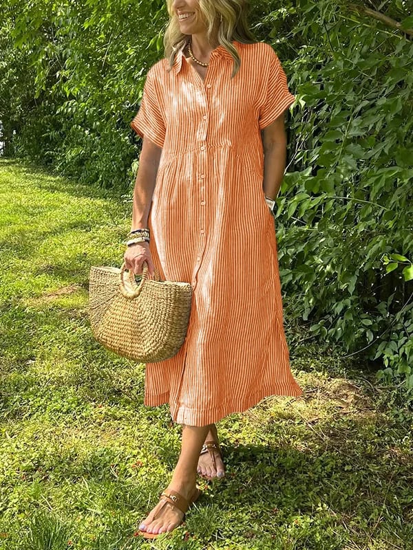 Women’s Striped Summer Midi Shirt Dress | with Pockets