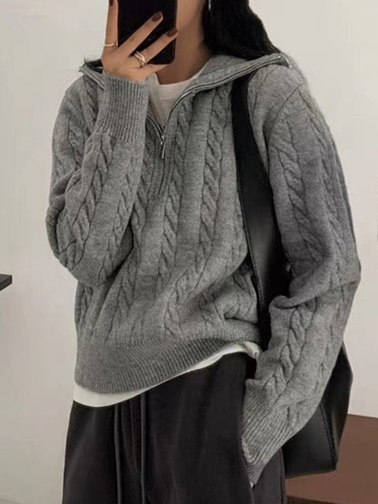 Effen kleur vintage reverskraag kabel half rits gebreide trui