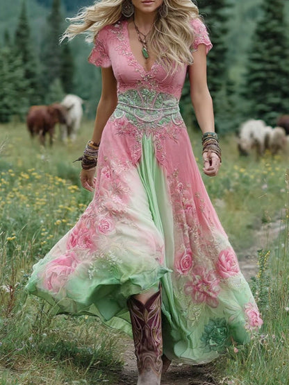 Women's Bohemian V-Neck Floral Maxi Dress | Short Sleeve