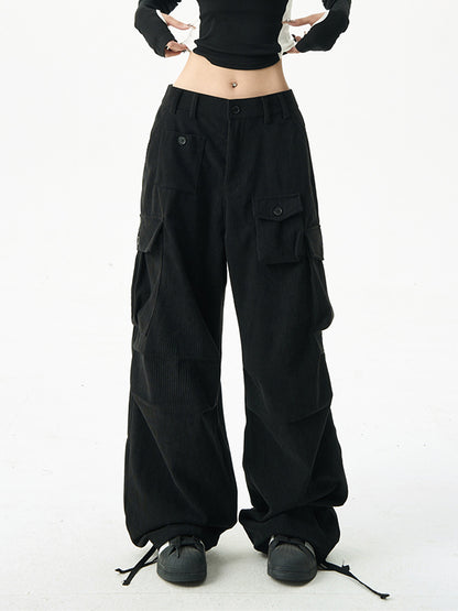 Black Vintage Corduroy Cargo Pants with Multi Pockets