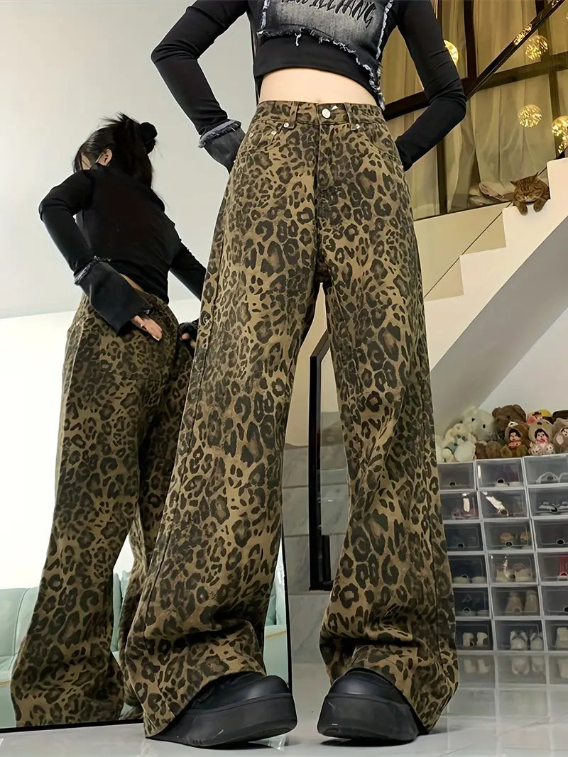 Y2k Leopard Baggy Boyfriend Jeans