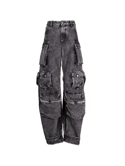 Gray Washed Distressed Cargo Jeans with Multi Pocket