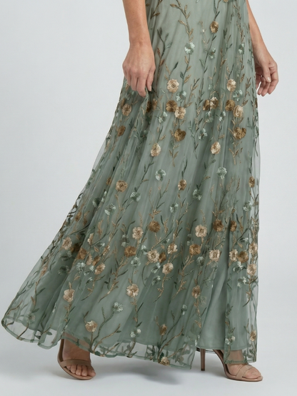 Women's Sage Green Floral Maxi Dress | with Flutter Sleeves