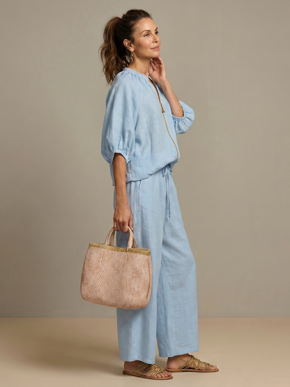 Women’s Casual Summer Co-Ord Set | Zip-Front Blouse and Wide-Leg Pants