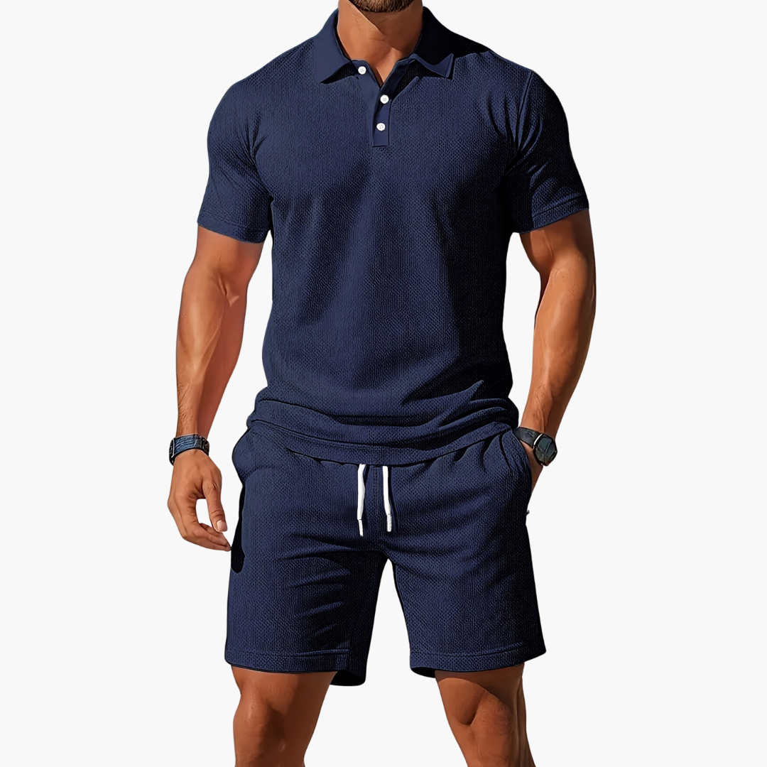 Men's Short-Sleeve Polo Shirt and Shorts with Drawstring | Two-Piece Set