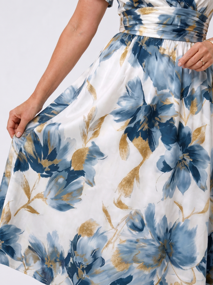 Women's Floral V-Neck A-Line Midi Dress | with Short Sleeves