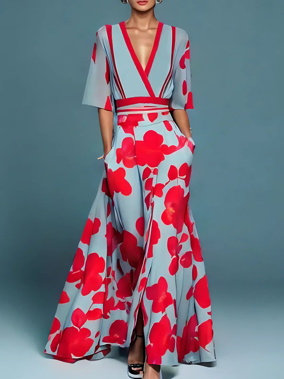 Women's Boho Floral V-Neck Maxi Dress | with Pockets