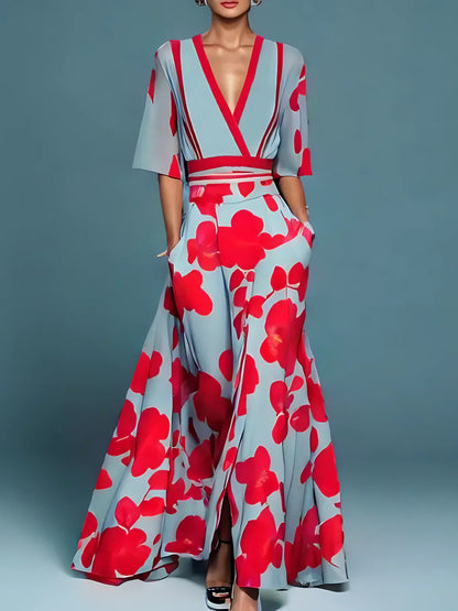 Women's Boho Floral V-Neck Maxi Dress | with Pockets
