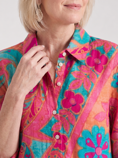 Women's Colorful Floral Print Collared Midi Dress | with Pockets