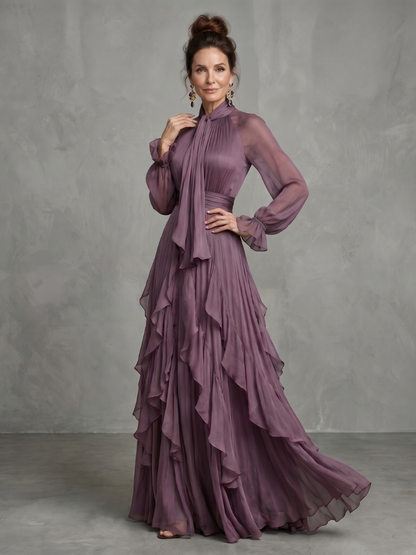 Women's Purple Mock Neck Ruffle Maxi Dress | with Tie-Neck