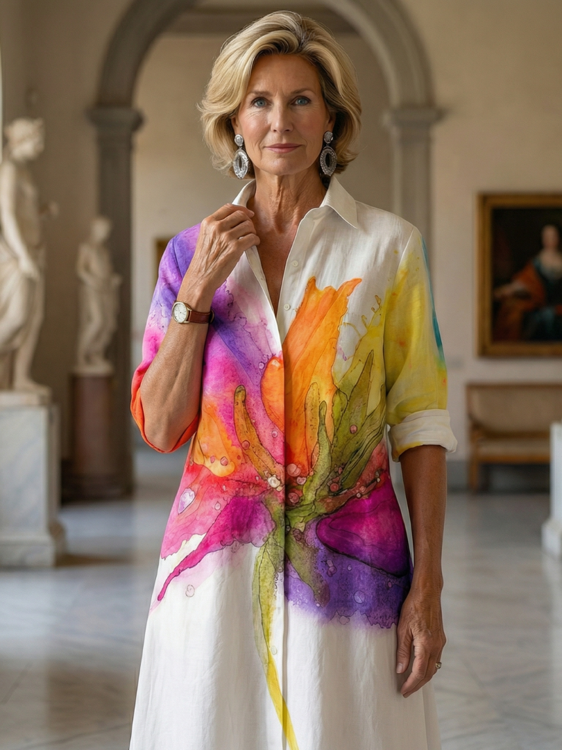 Women's Vibrant Art-Print Shirt Dress | Midi