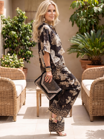 Women's V-Neck Tunic Blouse and Wide-Leg Pants Set | 2-Piece