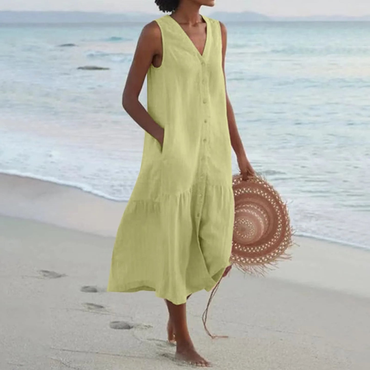 Women's Sleeveless V-Neck Beach Dress | Midi