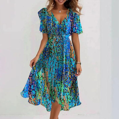 Women's V-Neck Midi Summer Wrap Dress | with Flutter Sleeves