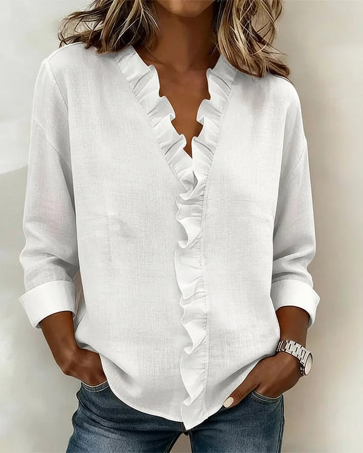 Women's Ruffle V-Neck Casual Summer Blouse | Long Sleeve