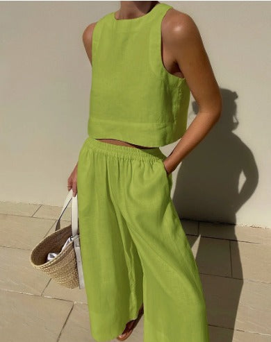 Women's Two-Piece Casual Matching Set | Cropped Top and Wide-Leg Trousers
