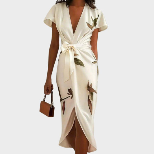 Women's Floral Midi Wrap Dress | with Flutter Sleeves and Tie Waist