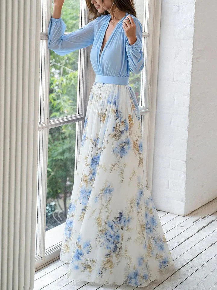 Women's Pleated Floral Print Formal Maxi Dress | Long Sleeve