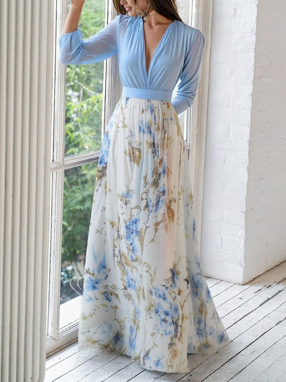 Women's Pleated Floral Print Formal Maxi Dress | Long Sleeve