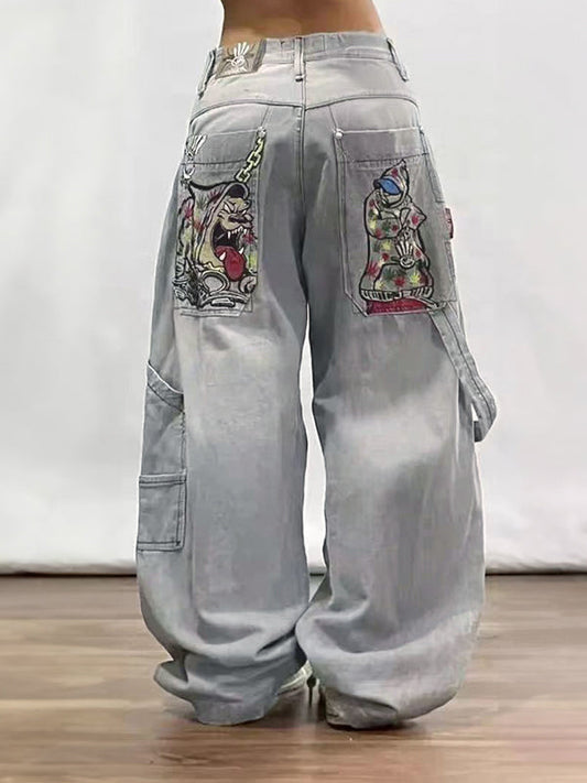 Gray Y2K American Retro Hip Hop Boyfriend Jeans