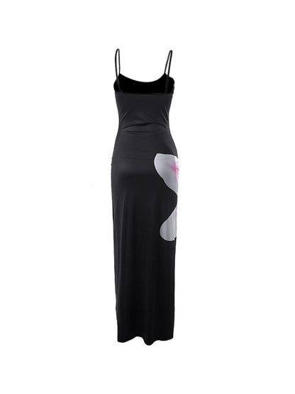 Black Bodycon Cami Maxi Dress with Flower Print