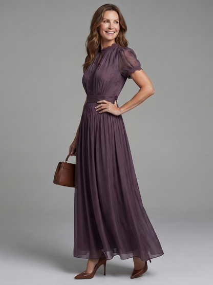Women's Pleated Maxi Gown | with Puff Sleeves