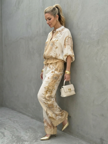Women's Floral Print Top and Wide-Leg Pants | Two-Piece Set