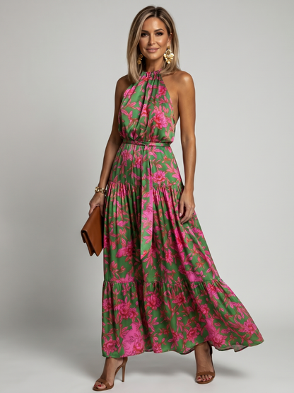 Women's Pink and Green Floral Halter Neck Maxi Dress | Summer