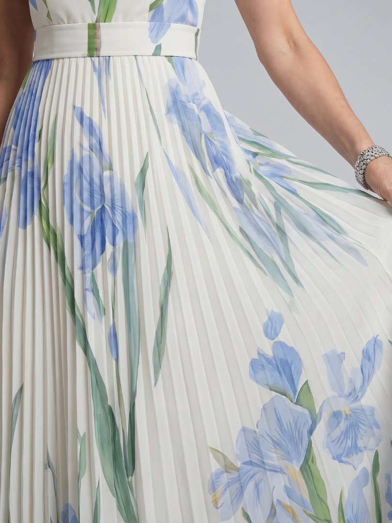 Women's Square Neck Floral Print Pleated Dress | Maxi