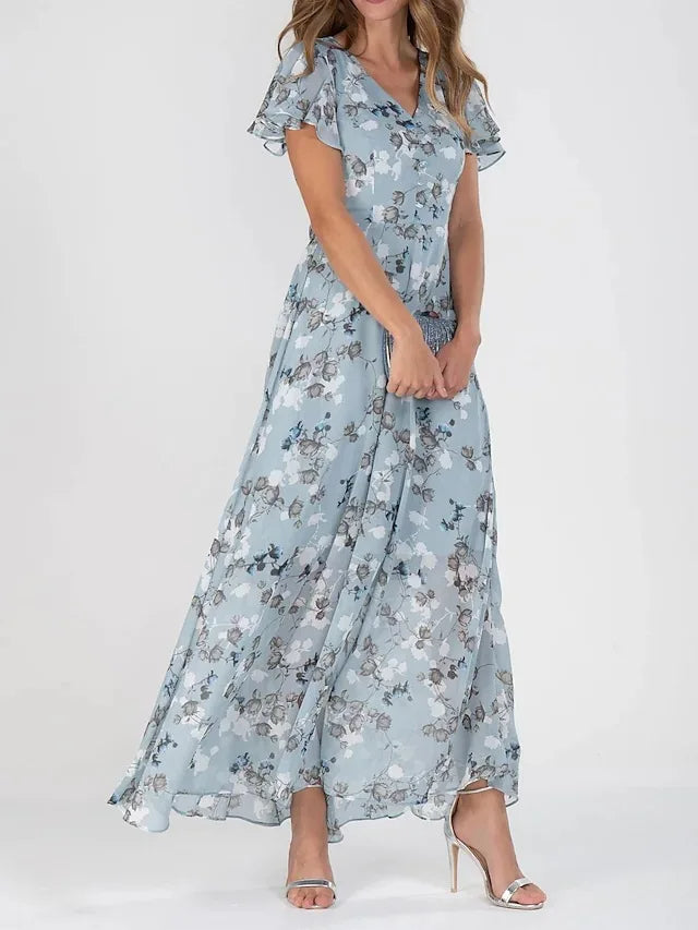 Women's Floral V-Neck Flutter Sleeve Summer Dress | Maxi