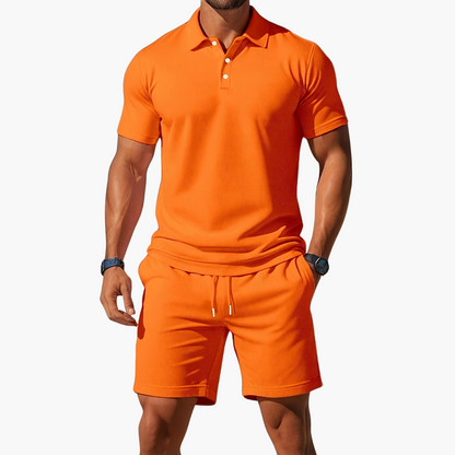 Men's Short-Sleeve Polo Shirt and Shorts with Drawstring | Two-Piece Set