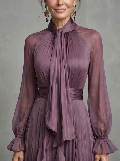 Women's Purple Mock Neck Ruffle Maxi Dress | with Tie-Neck
