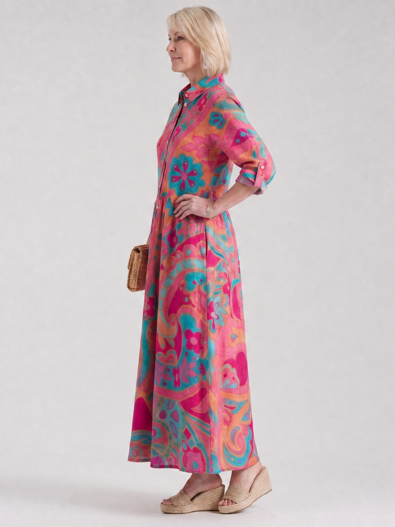 Women's Colorful Floral Print Collared Midi Dress | with Pockets