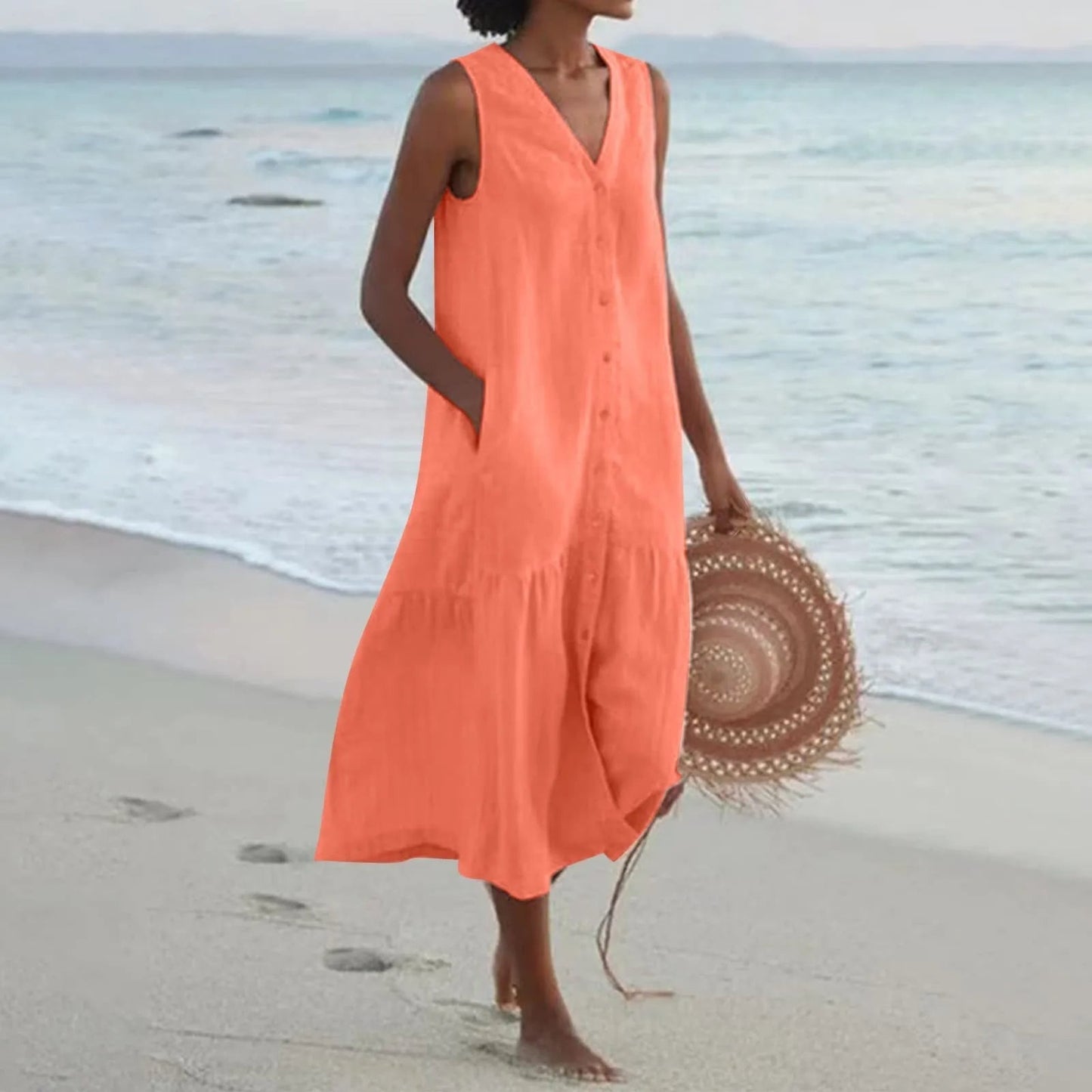 Women's Sleeveless V-Neck Beach Dress | Midi