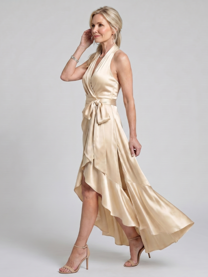 Women's Halter Neck Ruffle Evening Gown | Wrap Maxi Dress