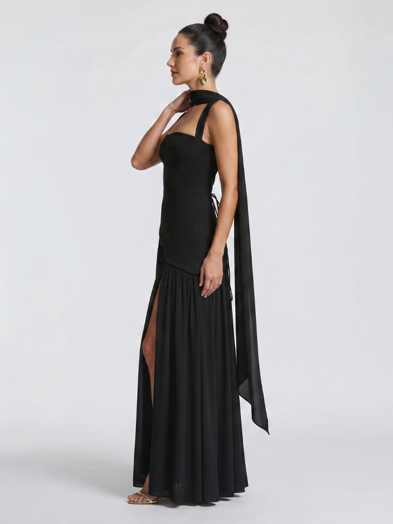 Women's Formal Evening Maxi Gown | with Matching Neck Scarf and High Slit