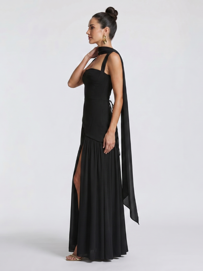 Women's Formal Evening Maxi Gown | with Matching Neck Scarf and High Slit