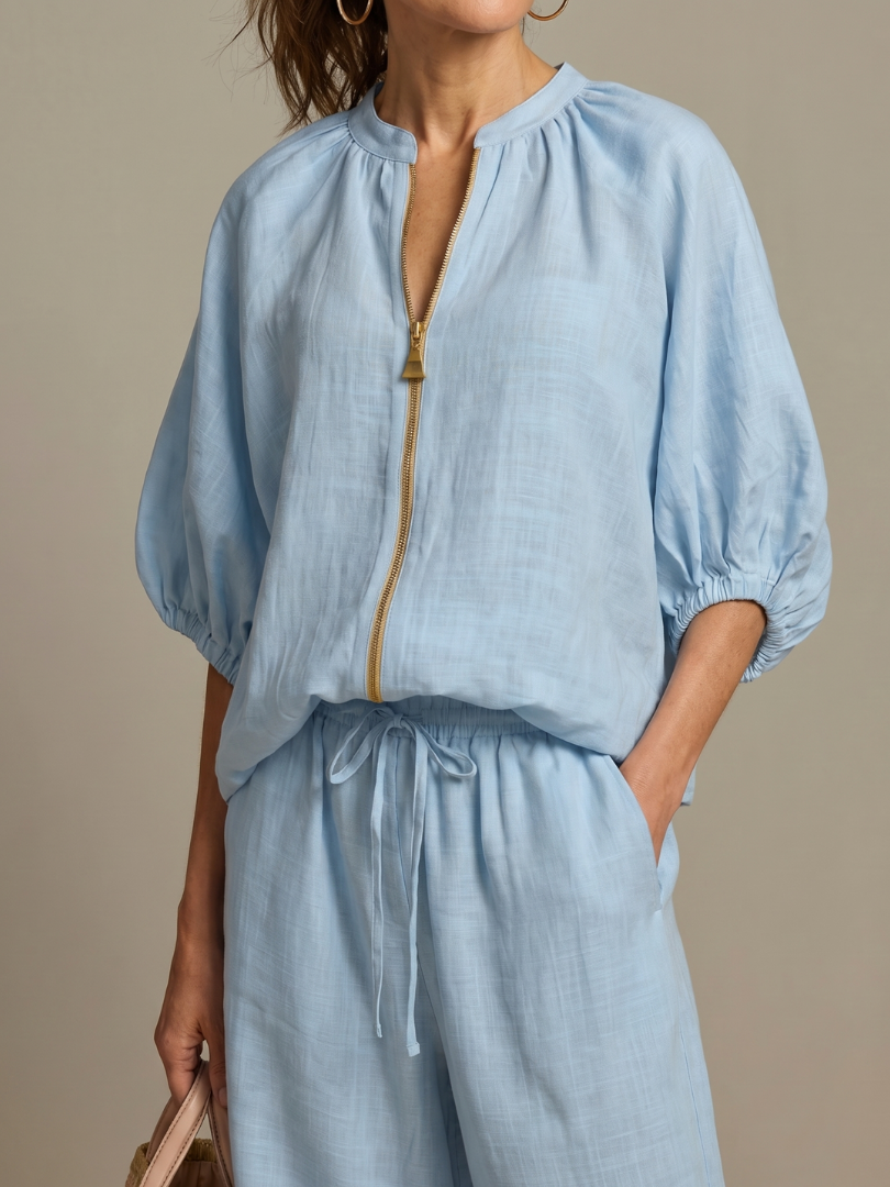 Women’s Casual Summer Co-Ord Set | Zip-Front Blouse and Wide-Leg Pants