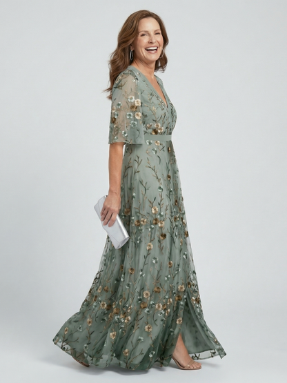 Women's Sage Green Floral Maxi Dress | with Flutter Sleeves