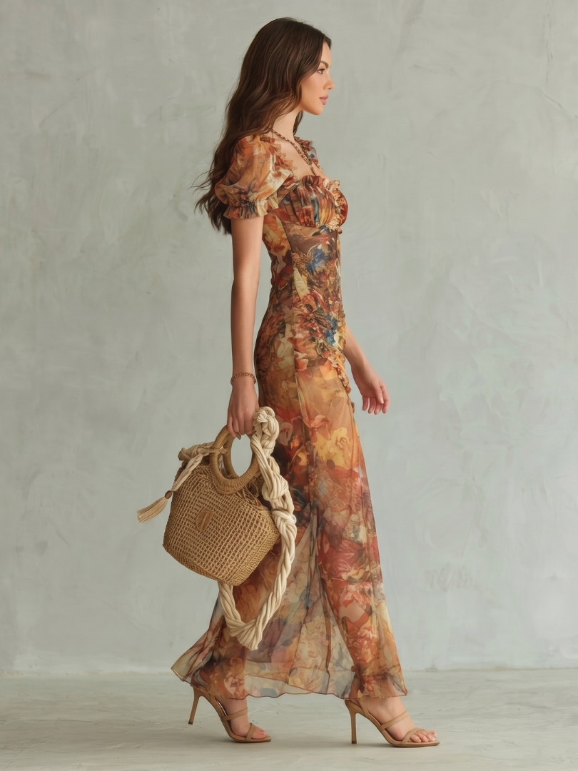 Women's Multicolor Floral Midi Dress | with Thigh Slit