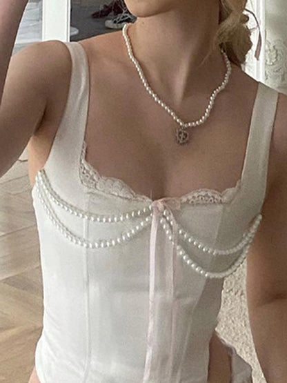 White French Pearl Tie Back Corset Tank Top with Lace Trim
