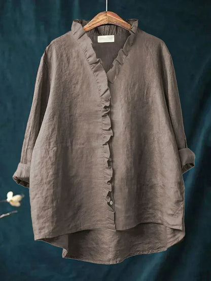 Women's Oversized Ruffle V-Neck Blouse | Long Sleeve