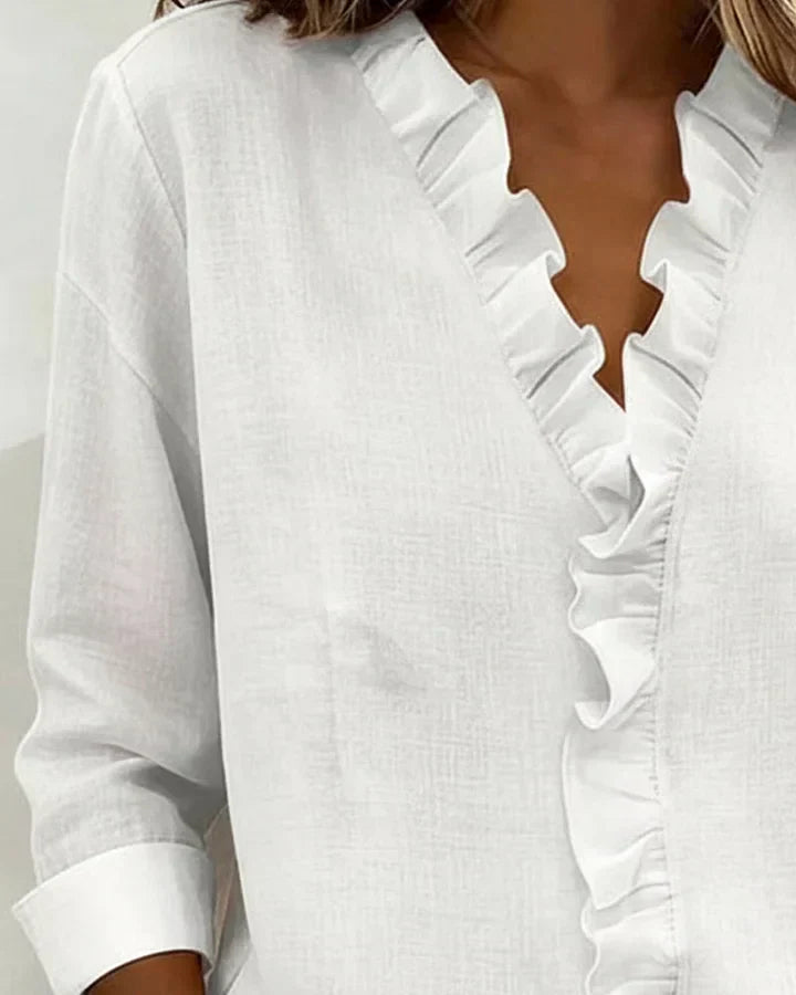 Women's Ruffle V-Neck Casual Summer Blouse | Long Sleeve