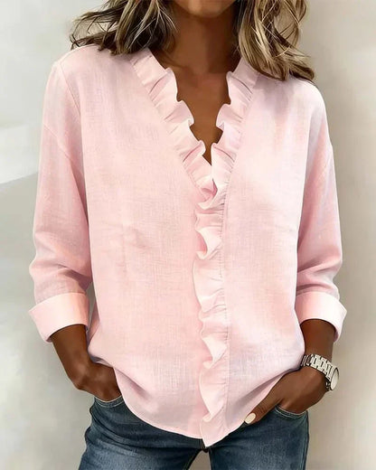Women's Ruffle V-Neck Casual Summer Blouse | Long Sleeve
