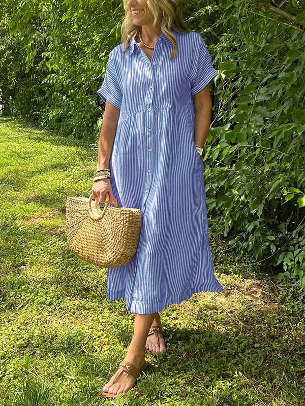 Women’s Striped Summer Midi Shirt Dress | with Pockets