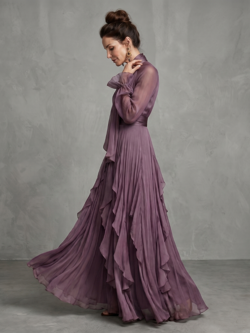 Women's Purple Mock Neck Ruffle Maxi Dress | with Tie-Neck