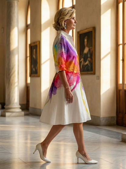 Women's Vibrant Art-Print Shirt Dress | Midi