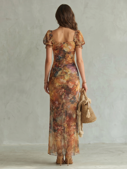 Women's Multicolor Floral Midi Dress | with Thigh Slit